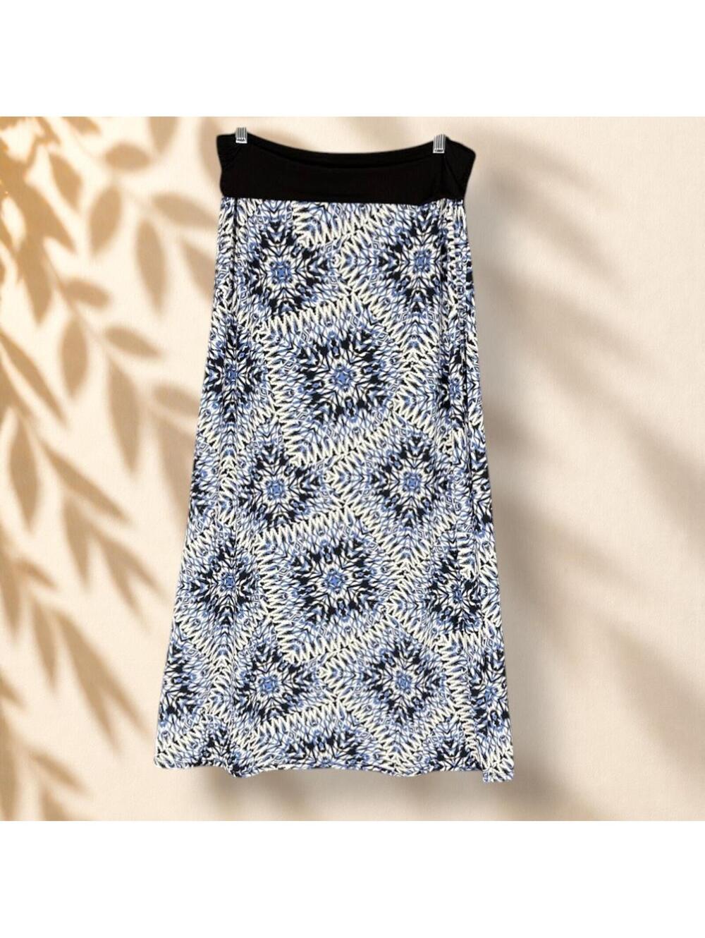 AB Studio Skirt Women M Medium Blue Geometric Maxi Long High Rise Stretch Casual - Picture 2 of 7